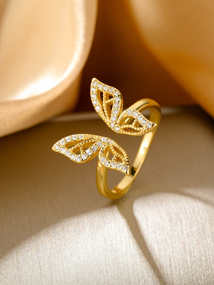 Elegant and Sweet Inlaid Zircon Gold Color Butterfly Rings For Woman