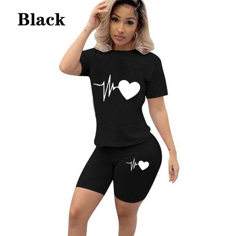 Women Fashion Solid Color Print 2 Piece Sets Casual Sports Short Sleeve T-shirt + Shorts