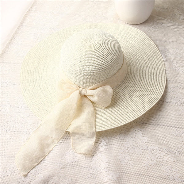 Sun Hats Hand Made Straw Hat Female Ribbon Bow-knot Wide Brim Beach Hat