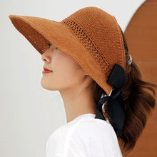 Load image into Gallery viewer, Womens Summer Foldable Straw Weave Long Ribbon Bowknot Open Top Ponytail Wide Wavy Brim Hollow Beach Bucket Beach Caps
