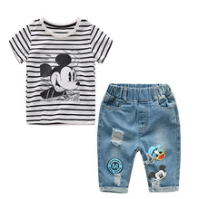 Load image into Gallery viewer, Infant Boys Girls Summer Cartoon Striped T Shirt + Denim Shorts Clothes 2pcs Sets Children Kids Hole Jeans Clothing
