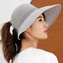 Load image into Gallery viewer, Womens Summer Foldable Straw Weave Long Ribbon Bowknot Open Top Ponytail Wide Wavy Brim Hollow Beach Bucket Beach Caps
