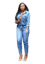 Load image into Gallery viewer, Adogirl Vintage Plus Size Jeans Jumpsuit Turn Down Collar Long Sleeve Bandage Denim Rompers Women Bodysuits Combinaison S-3XL
