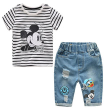 Load image into Gallery viewer, Infant Boys Girls Summer Cartoon Striped T Shirt + Denim Shorts Clothes 2pcs Sets Children Kids Hole Jeans Clothing
