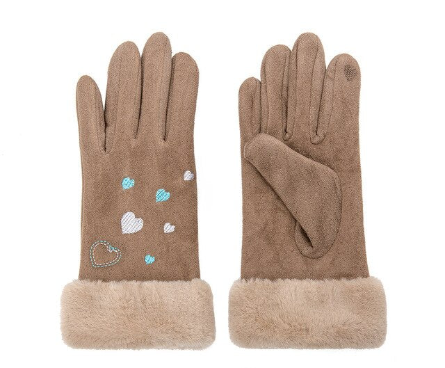 Women'S Gloves Winter Warm Color Suede Five Fingers Gloves Cute With Embroidered Heart Autumn Plus Velvet Thick Touch Screen