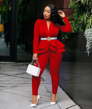 Load image into Gallery viewer, Women Full Sleeve Ruffles Blazers Pencil Pants Suit Two Piece Set
