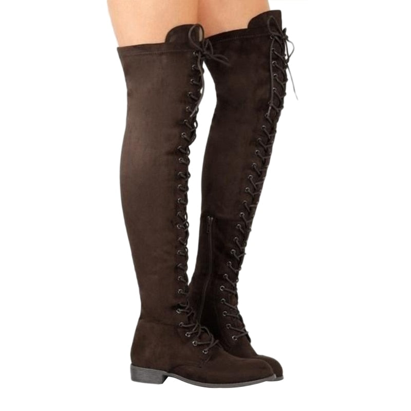 Fashion Women Cross Strap Suede Leather Boots  Knee High Thick Sole