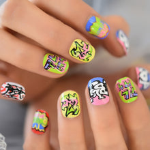 Load image into Gallery viewer, Short Round Fake Nail Art Tips Designed Colorful Green Hip-hop Style Nail Salon Full For Festival Fingernails
