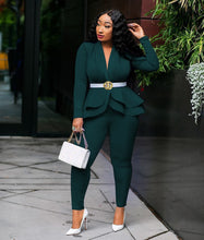 Load image into Gallery viewer, Women Full Sleeve Ruffles Blazers Pencil Pants Suit Two Piece Set
