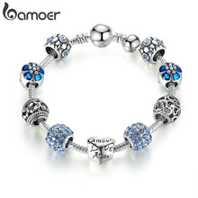 Load image into Gallery viewer, BAMOER Silver Plated Charm Bracelet &amp; Bangle with Love and Flower Beads Women Wedding Jewelry 4 Colors 18CM 20CM 21CM
