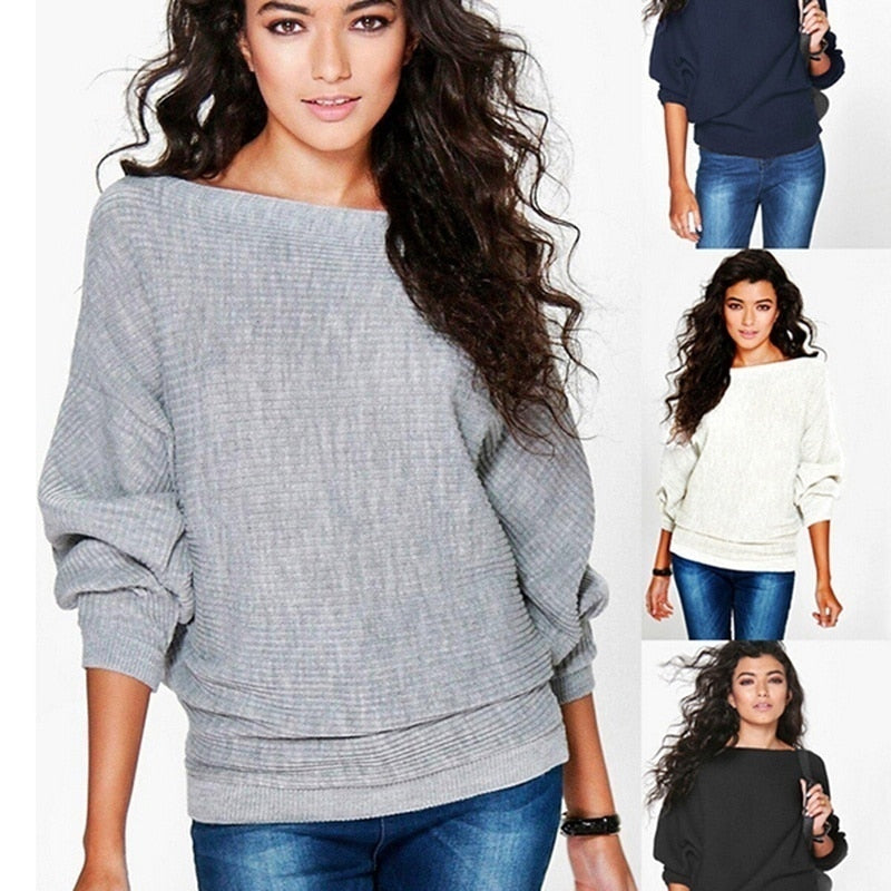 Loose Knitted Pullovers Sweater Tops Women Fashion O-Neck Long Sleeve Ladies Jumper Bat Wing Casual