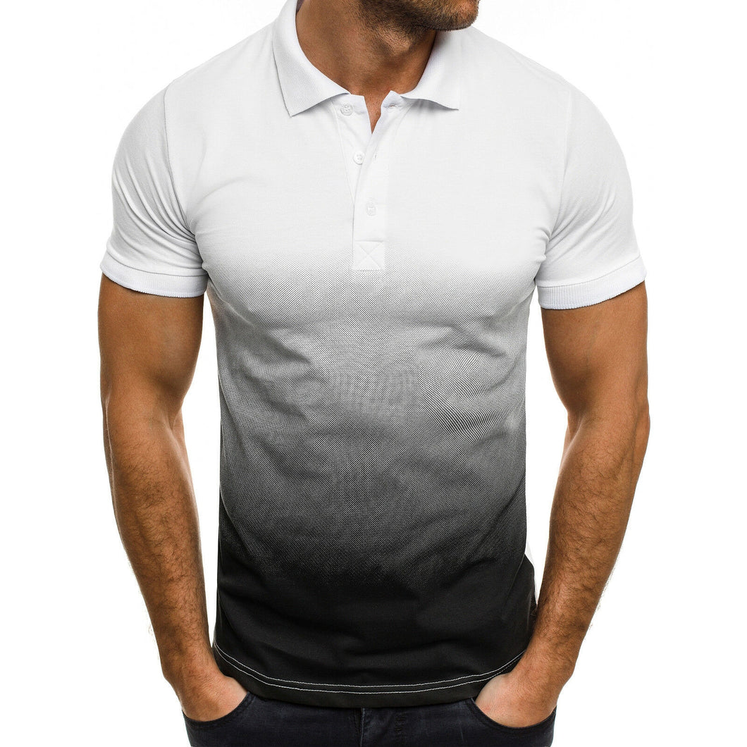 Men Casual T-Shirt 3D Digital Print Gradient Color Lapel Polo Tees Shirt Short-Sleeved