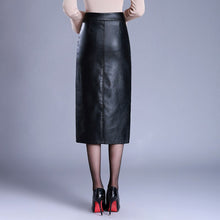 Load image into Gallery viewer, Women Slim Black PU Leather Bodycon Pencil Skirt Autumn Winter High Waist Casual Mid-long Skirts
