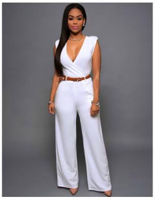 Women sashes high waist v-neck loose wide leg pants summer jumpsuit Casual Rompers