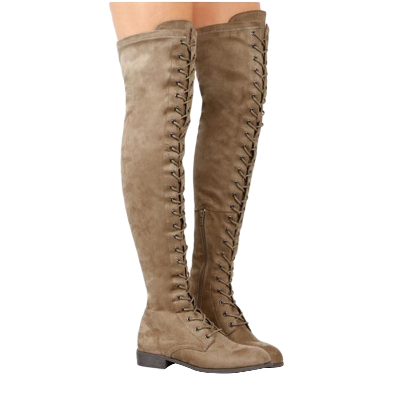 Fashion Women Cross Strap Suede Leather Boots  Knee High Thick Sole