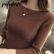 Load image into Gallery viewer, Sweater Women Long Sleeve Slim Pullover Knitwear Casual Slash Neck Solid Color Autumn Winter
