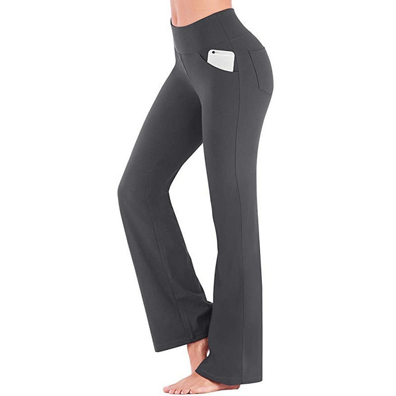Women Casual Solid Color Slim Yoga Pants High Waisted Fitness Tummy Control Flare Leg Pants