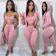Load image into Gallery viewer, 3 Piece Sets Women Outfits Solid Color Tracksuit Set Hooded Casual Sportswear Tank + Jacket + Jogger Pants Suit
