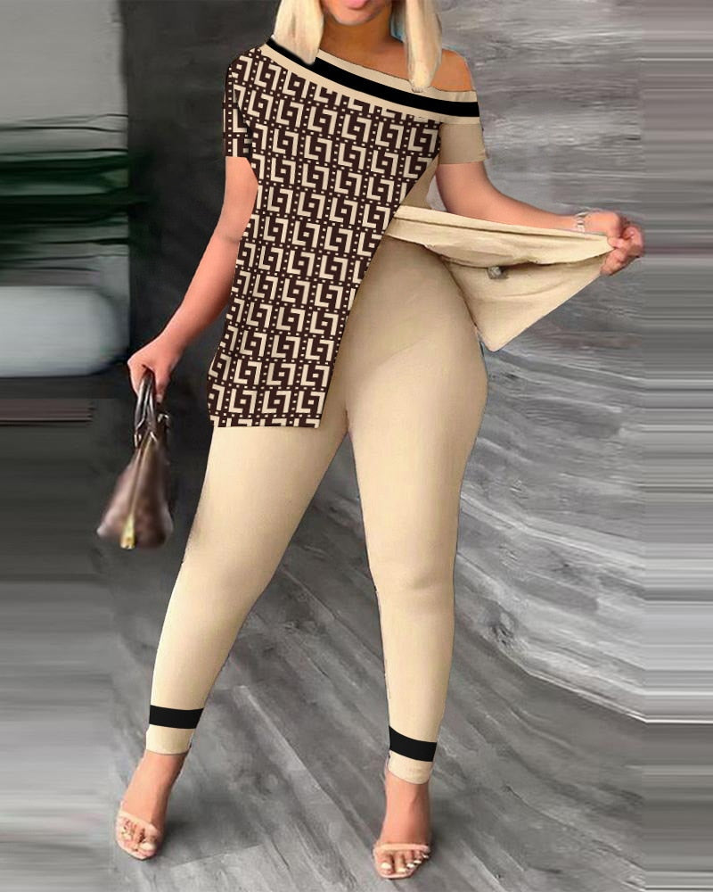 Elegant Women Off Shoulder Split Summer  Fashion Casual Short Sleeve Loose Top + Tight Pants 2-piece Set S-XXXL