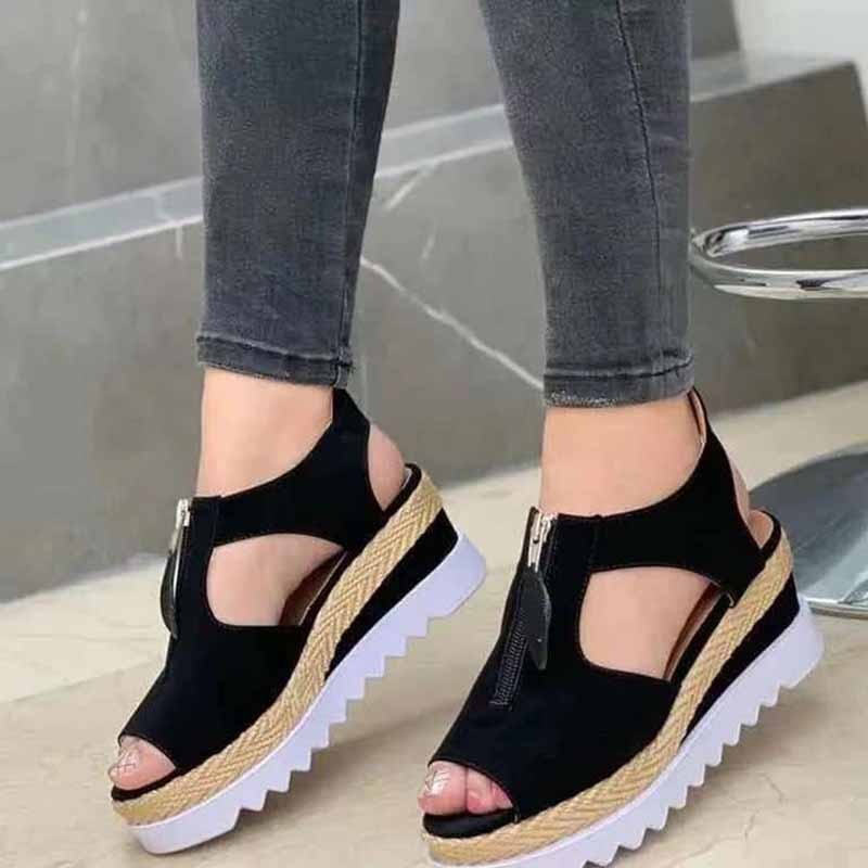 Fashion Peep Toe Women's  Solid Color Wedges Casual Sandal Shoes Zip Sewing
