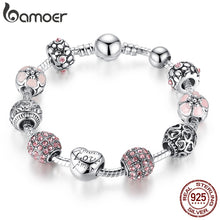Load image into Gallery viewer, BAMOER Silver Plated Charm Bracelet &amp; Bangle with Love and Flower Beads Women Wedding Jewelry 4 Colors 18CM 20CM 21CM
