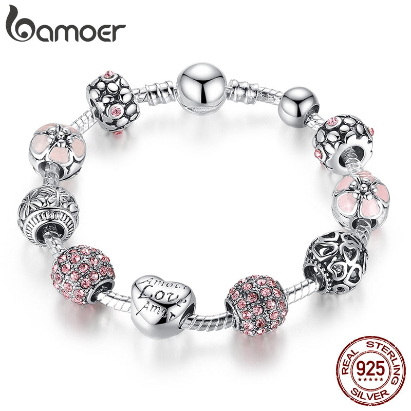 BAMOER Silver Plated Charm Bracelet & Bangle with Love and Flower Beads Women Wedding Jewelry 4 Colors 18CM 20CM 21CM