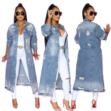 Load image into Gallery viewer, Sexy Hole Cotton Long Denim Jacket Trench Coat Cardigan Jeans Cape for Women Loose Long Sleeve Coat
