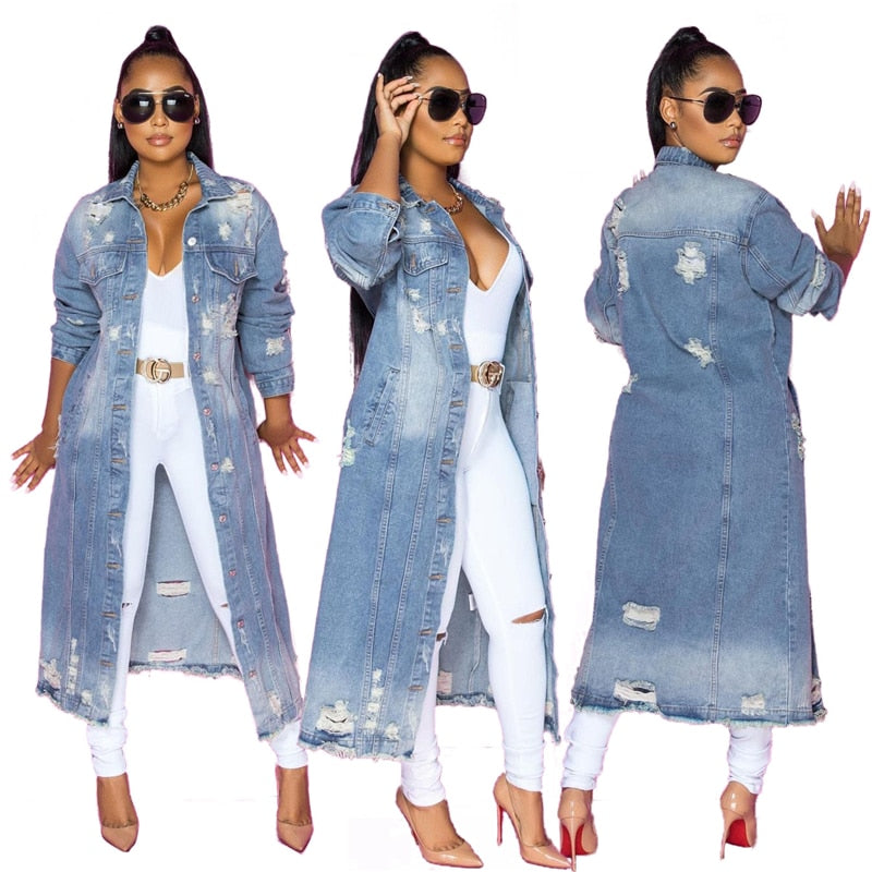 Sexy Hole Cotton Long Denim Jacket Trench Coat Cardigan Jeans Cape for Women Loose Long Sleeve Coat
