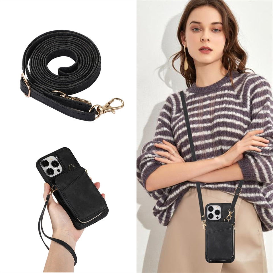 Zipper Lanyard Crossbody Wallet Phone Case For iPhone 14 Plus 13 12 11 Pro XS Max XR Plus SE 2 3 Card Slot Holder Cover