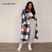 Load image into Gallery viewer, ANJAMANOR Elegant Fashion Checkered Coat Women Autumn Winter Clothing Single Breasted Long Flannel Plaid Jacket
