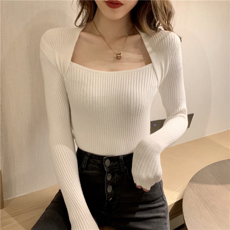 Women Sweater Pullover Long Sleeve Top Square Collar Casual Fashion Sexy Knitwear Sweater Tops