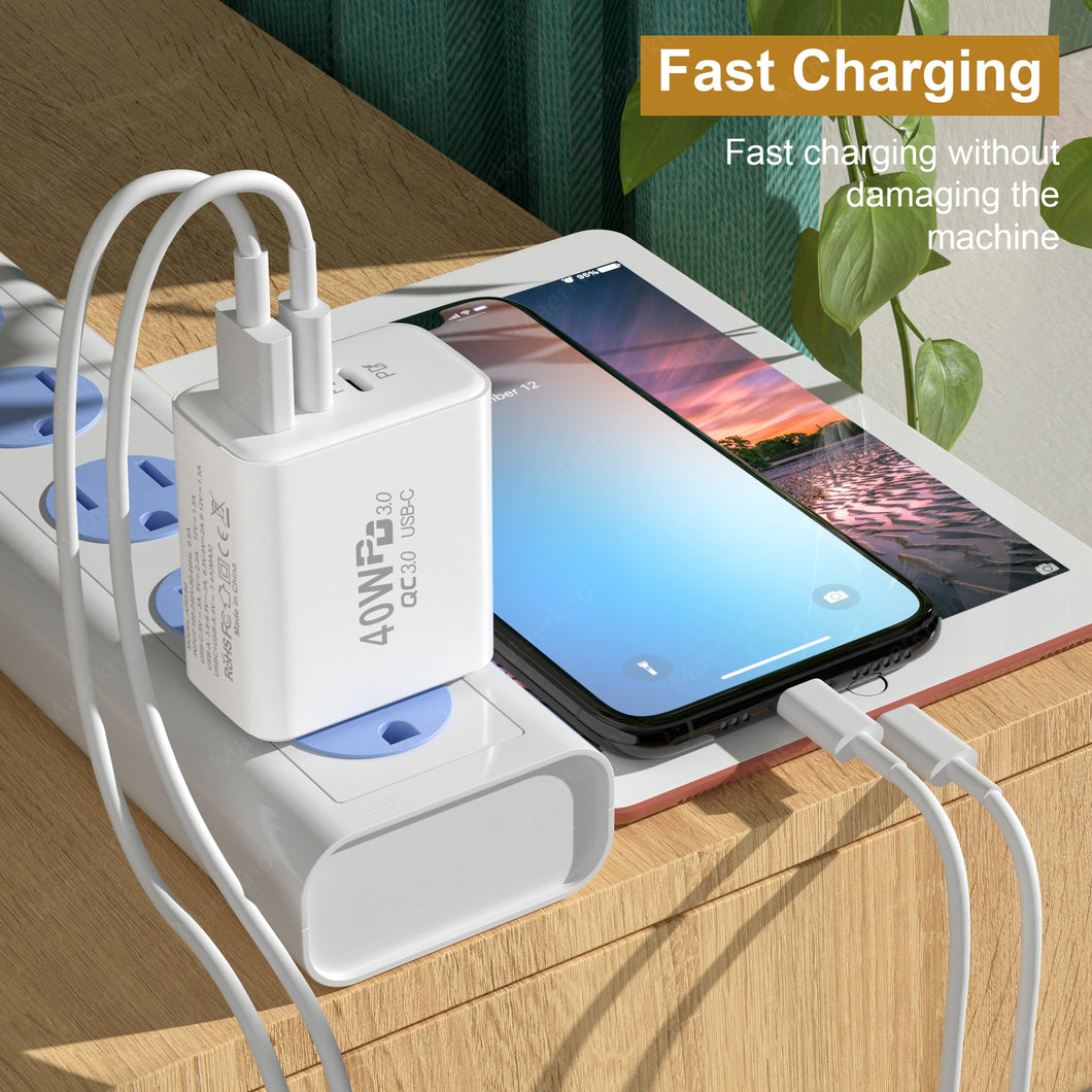 PD 60W Fast USB Charge Charger 3Ports US Plug Wall Charger Adapter For iPhone 14 13 Xiaomi Huawei Samsung USB C Phone Charger