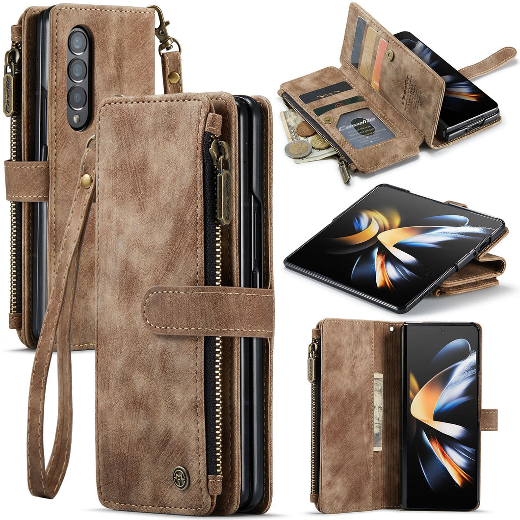 Samsung Galaxy Z Fold 3/4 Wallet Case,Durable PU Leather Magnetic Wallet Flip Lanyard Strap Wristlet Zipper Card Holder Case