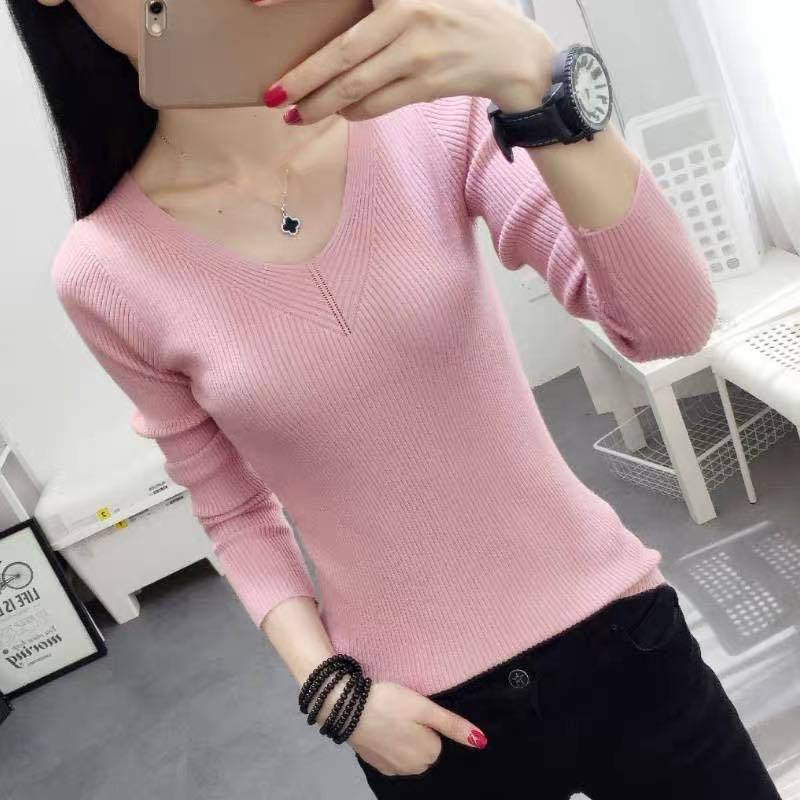 Sweater Autumn and Winter Slim Pullover Knitwear Solid Color Top V Neck Trending Sweater Casual