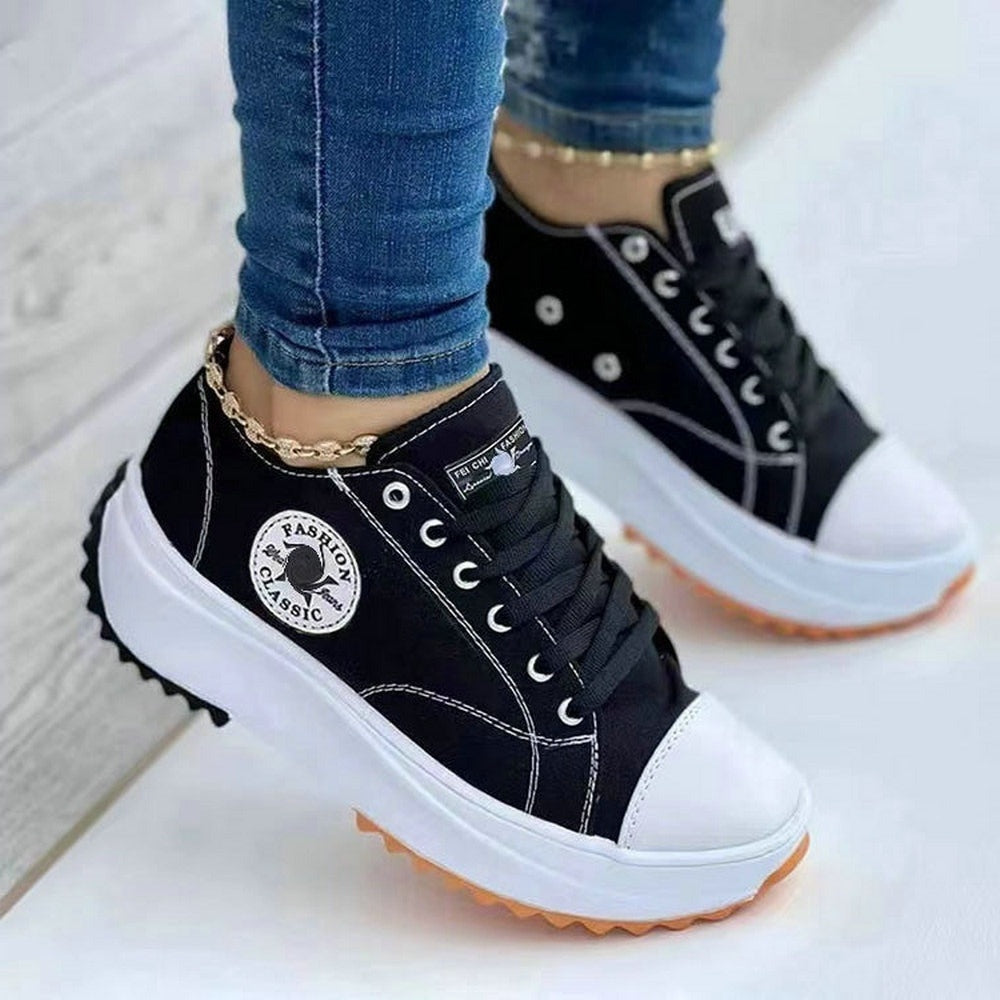 Classic Canvas Sneakers Solid Lace-Up Casual Platform Shoes for Women