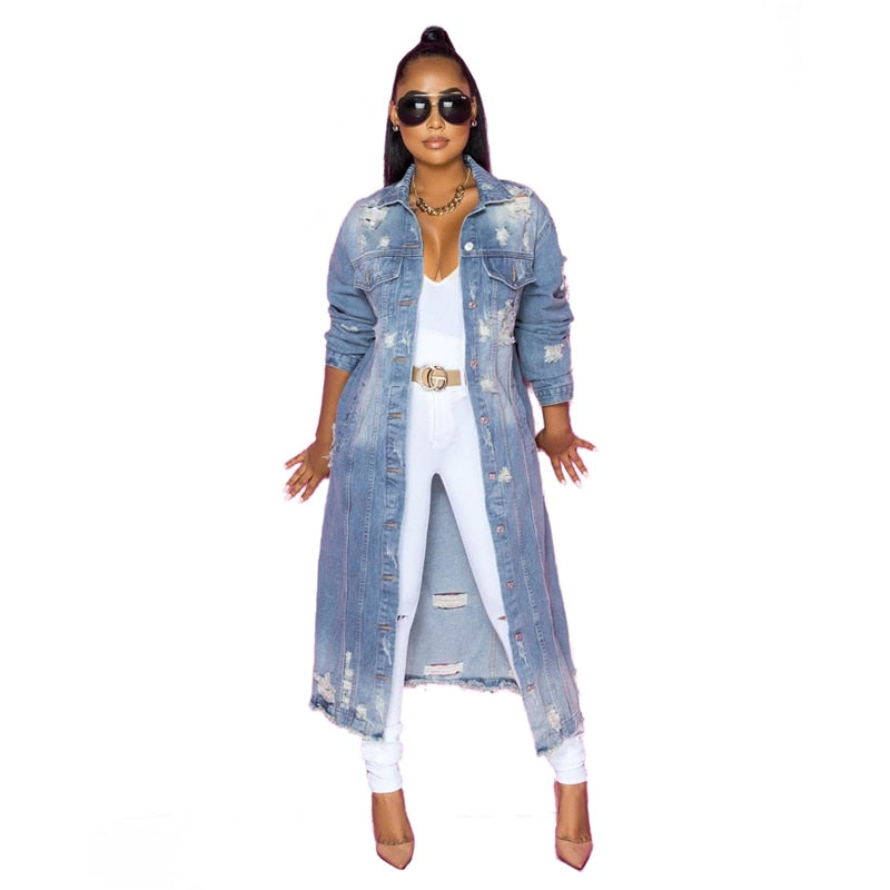 Sexy Hole Cotton Long Denim Jacket Trench Coat Cardigan Jeans Cape for Women Loose Long Sleeve Coat