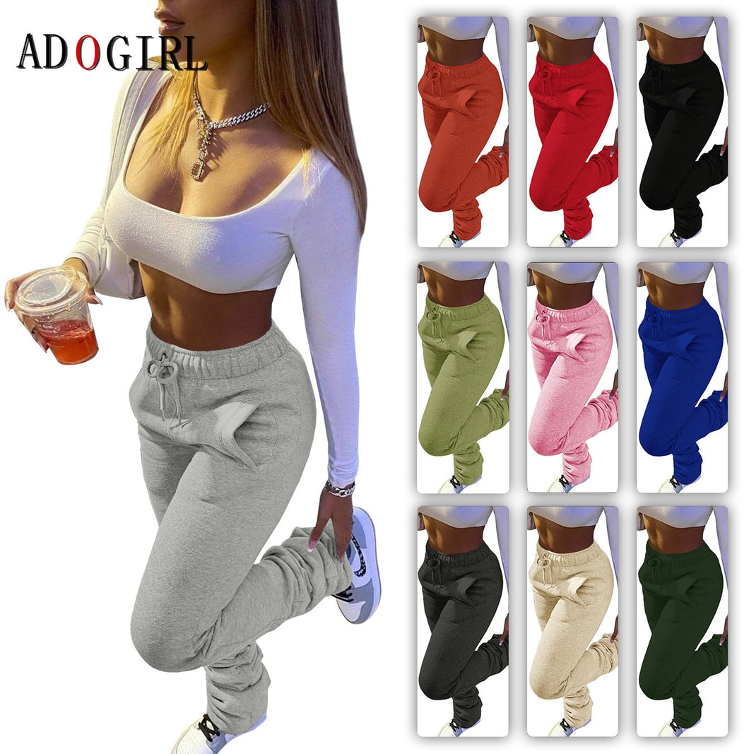 Casual Solid Stacked Sweatpants Women Casual Elastic Waist Jogger Trousers Autumn Winter Thick Warm Ruched